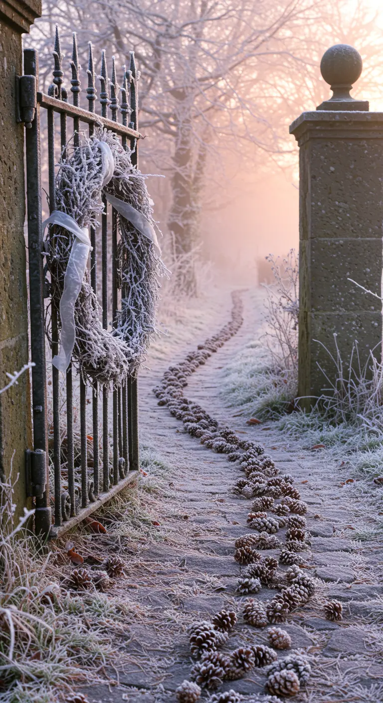 A frosted iron gate with a flocked wreath, with a winding trail of pinecones on a frosty path.