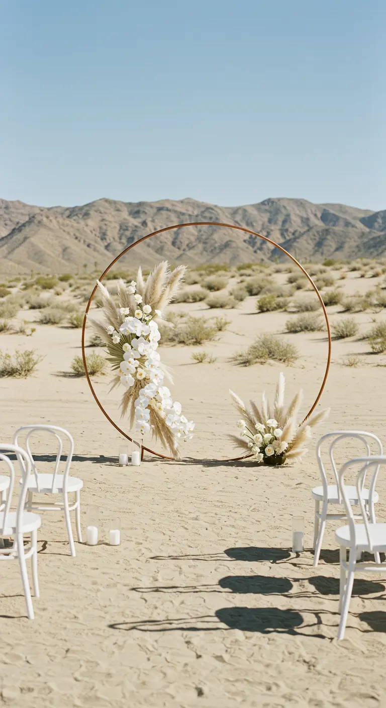 A circular copper wedding arch with pampas grass in the desert.
