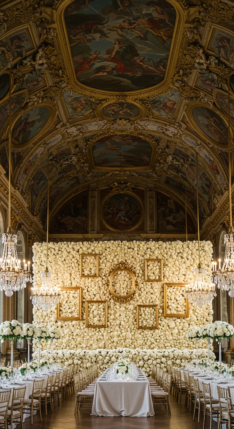 An ivory flower wall in an ornate ballroom, decorated with empty gilded gold frames.