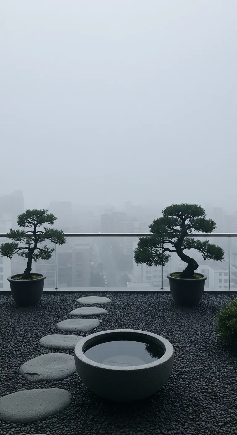 Foggy city view from a Zen balcony with dark gravel, pale stepping stones, and bonsais.