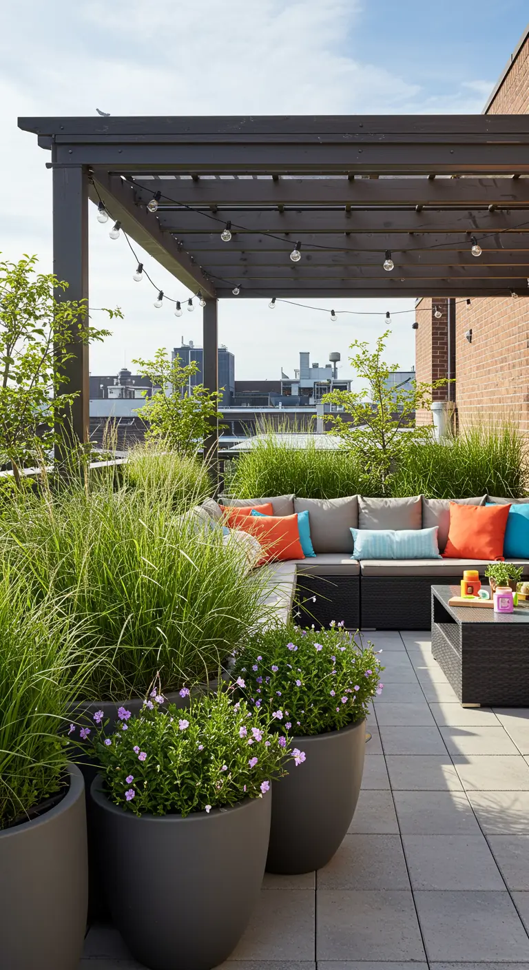A lush rooftop garden with large grey planters filled with ornamental grasses and small purple flowers.