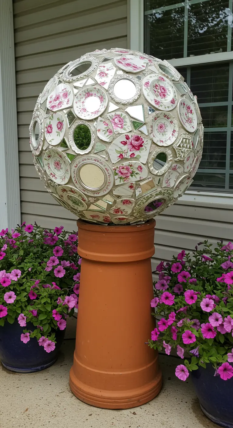 Mosaic gazing ball with floral china and mirrors on a terracotta chimney pot pedestal.
