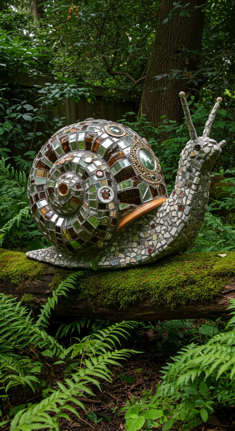 A large mosaic snail sculpture with a shimmering shell, resting on a mossy log.