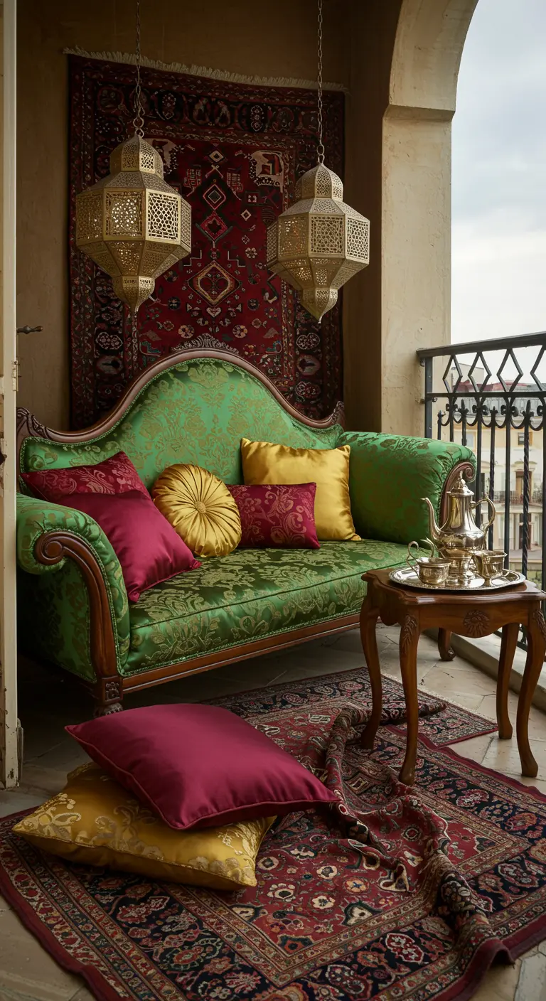 An ornate green and gold baroque sofa on a balcony, with a rug hanging on the wall and ruby pillows.