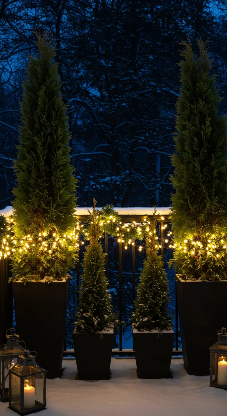 Tall evergreens in black planters illuminated from within by warm yellow fairy lights.