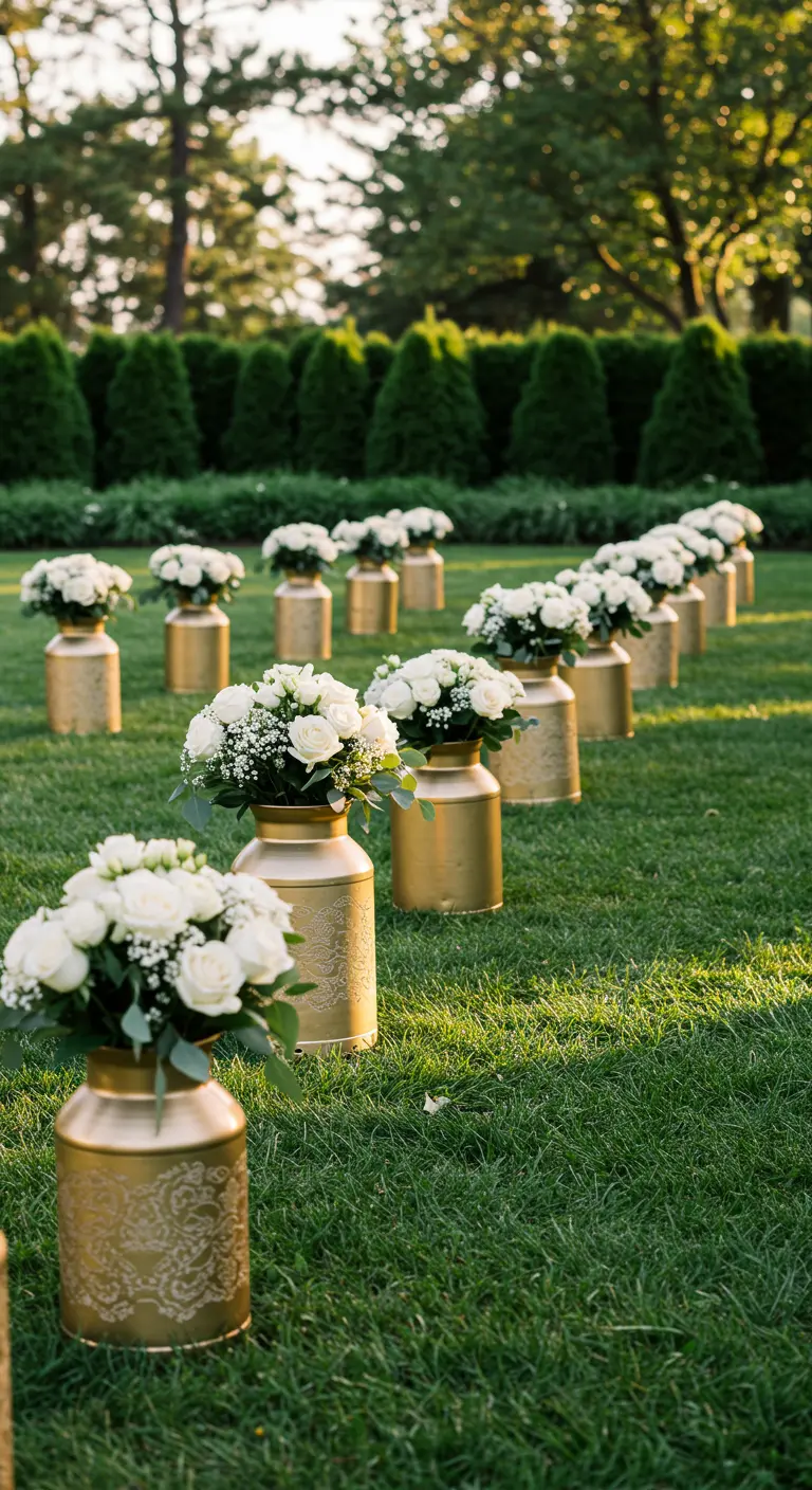 A row of gold-painted milk cans with stencils and white roses line a grassy wedding aisle.