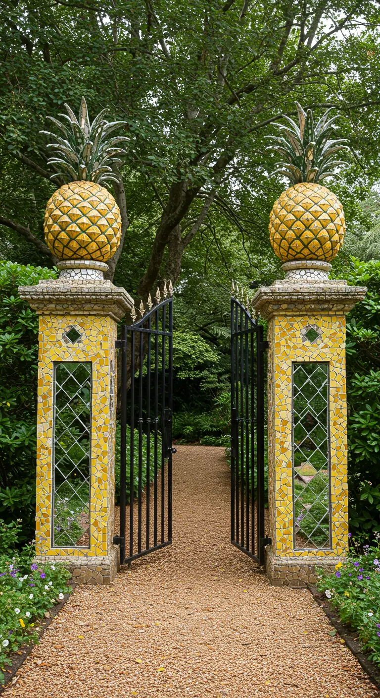 Grand garden gate posts covered in yellow mosaic tile and topped with pineapple finials.