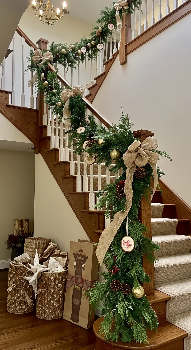 Staircase decorated with a lush evergreen garland, burlap bows, and hanging wood ornaments.