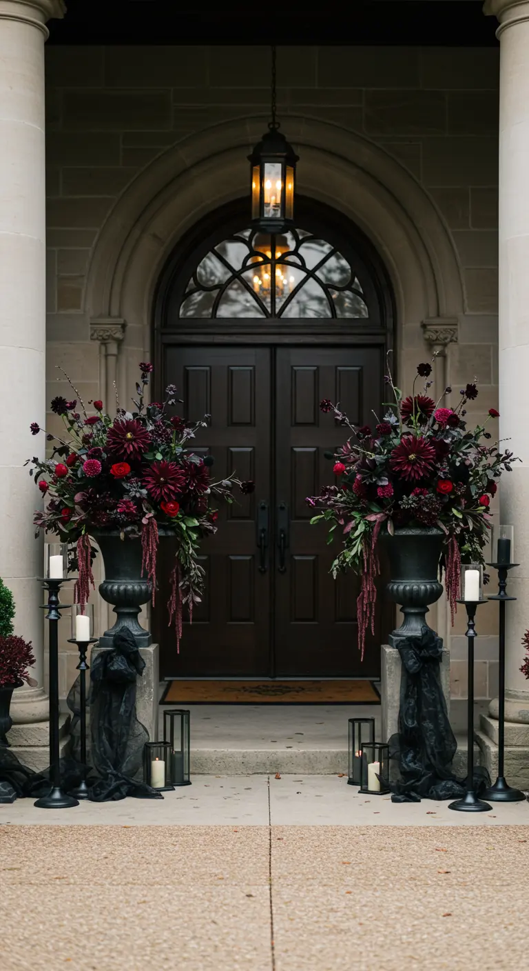 A grand front entrance flanked by large urns of dark flowers and black lanterns for Halloween.