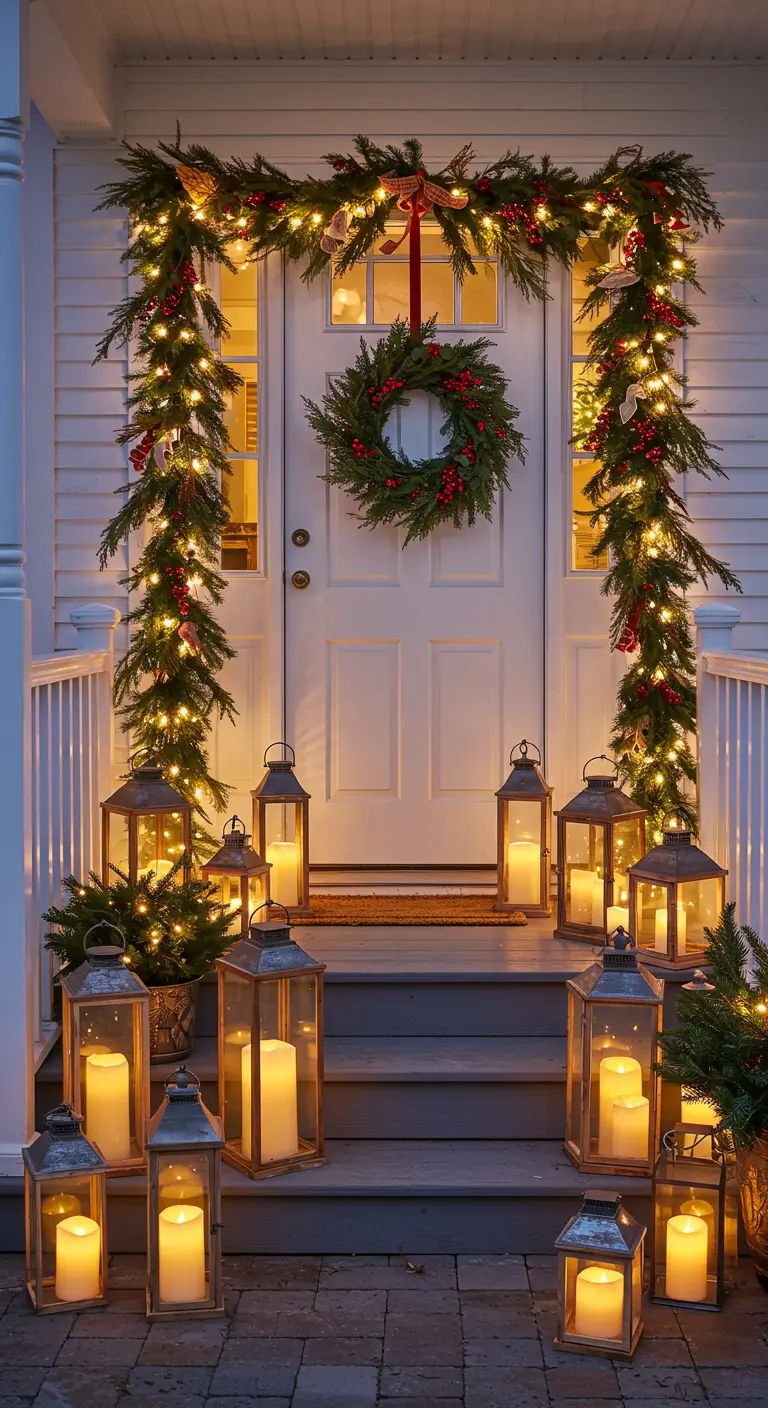 A porch staircase aglow with a large number of lanterns of various sizes, leading to a festive door.