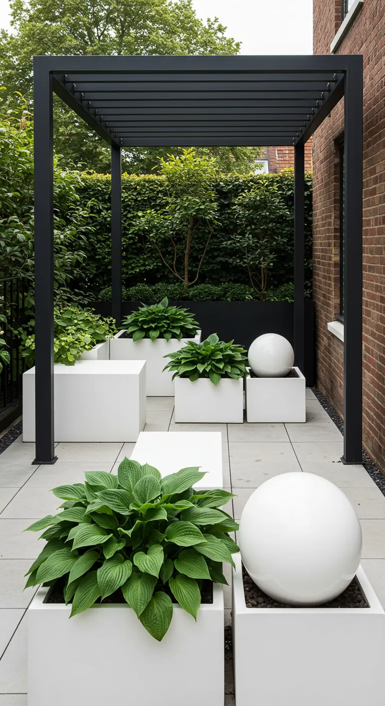 Modern patio with a black pergola and geometric white planters filled with hostas.