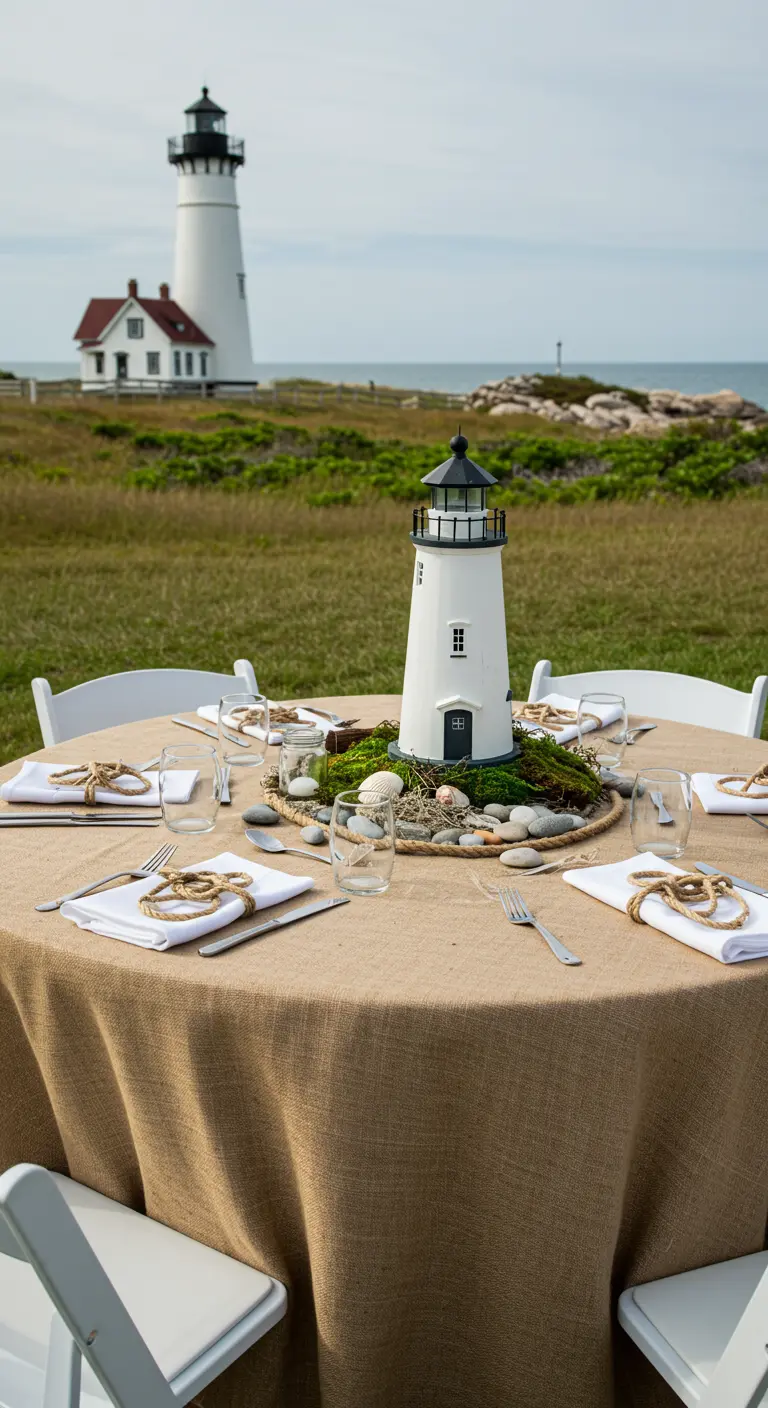 Lighthouse centerpiece on a burlap-covered table with rope-tied napkins.