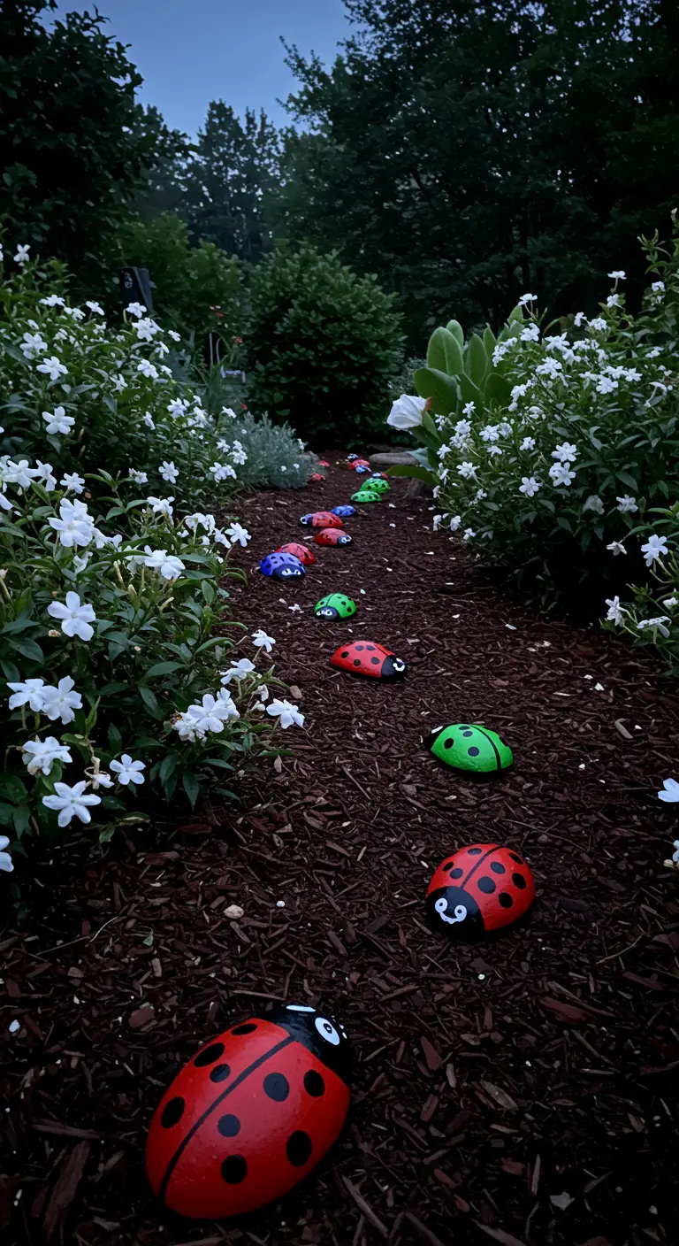 A trail of colorful painted ladybug rocks on a dark mulch path between white flowers at dusk.