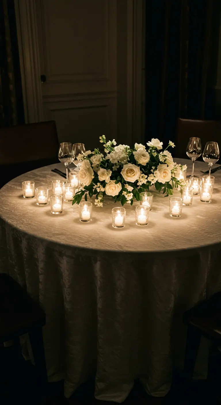 A small round table with a white rose centerpiece surrounded by many lit votive candles.
