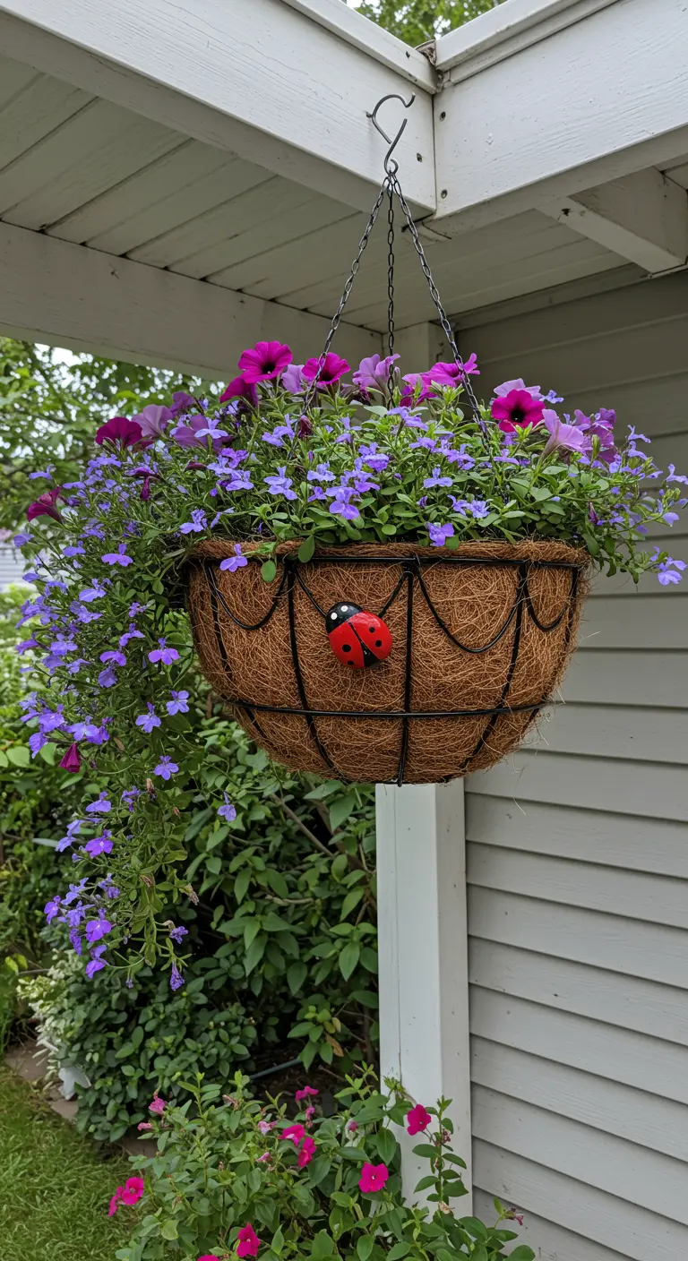 A small red painted ladybug rock attached to the side of a coco coir hanging basket.