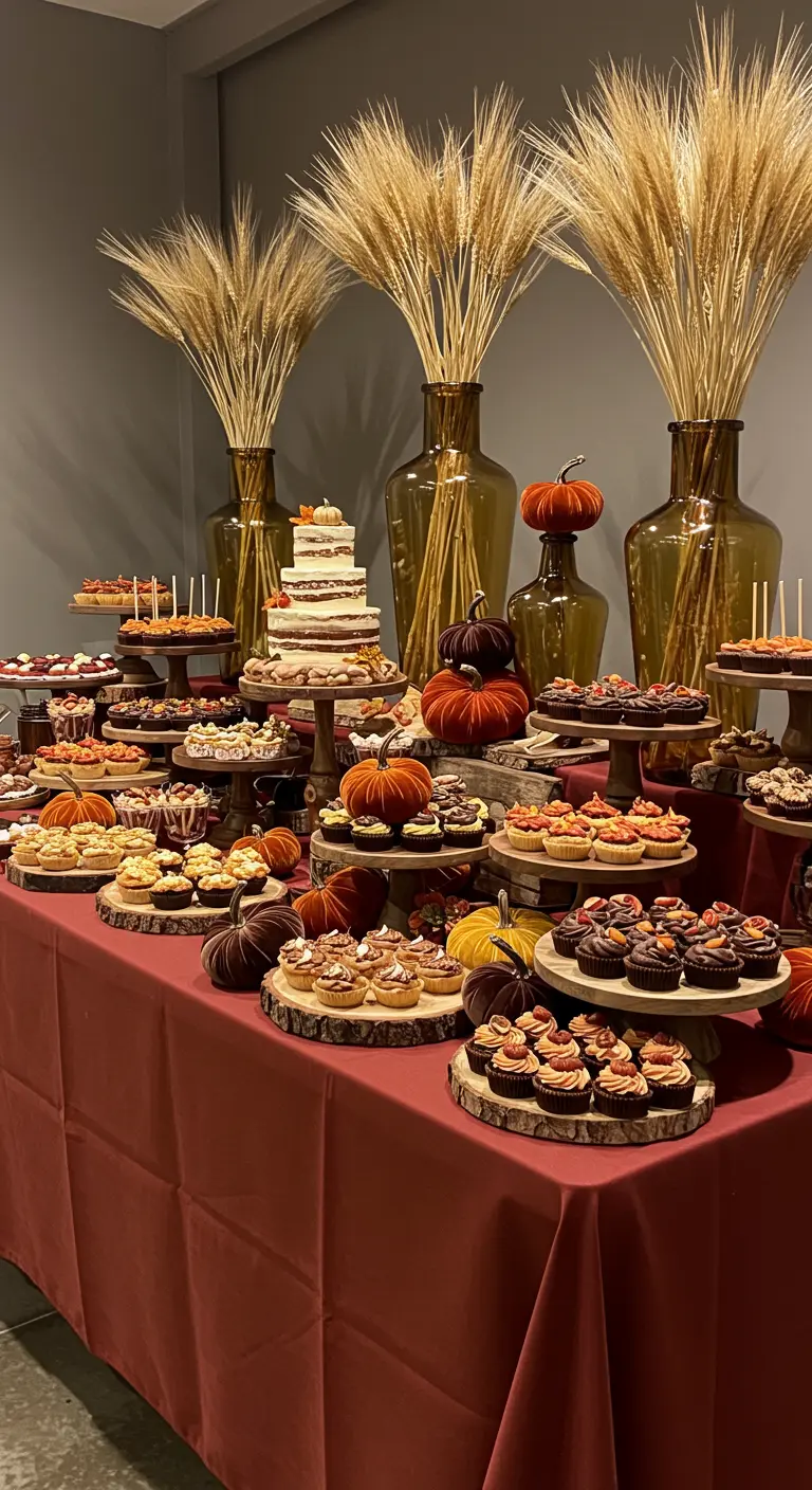 Fall dessert table with wood slice platters, amber vases, and wheat stalks.