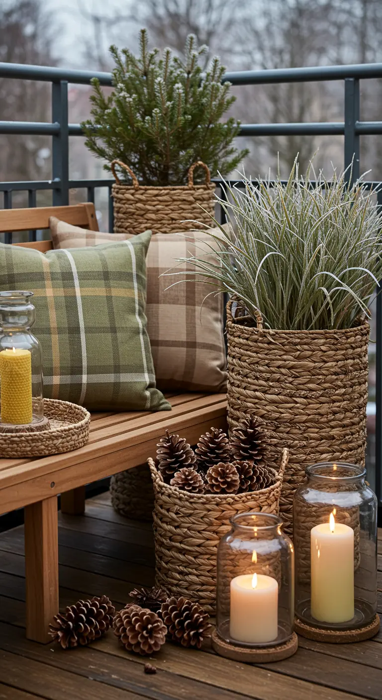 A balcony with a wooden bench, green plaid pillows, and woven baskets filled with plants and pinecones.