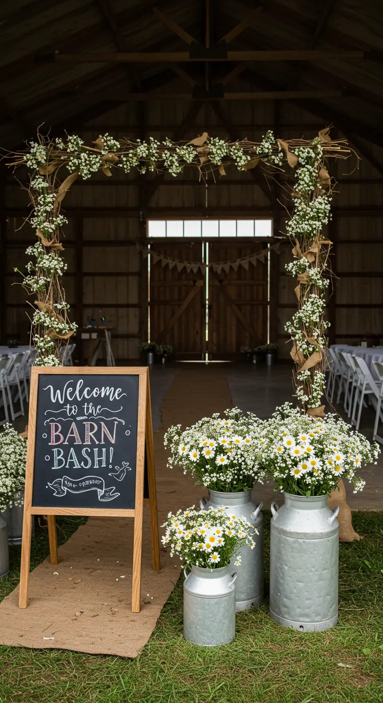 A chalkboard sign saying 'Welcome to the Barn Bash!' next to milk cans filled with daisies.