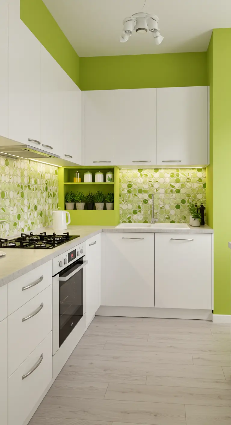 White kitchen with a bright lime green accent wall and a matching mosaic tile backsplash.
