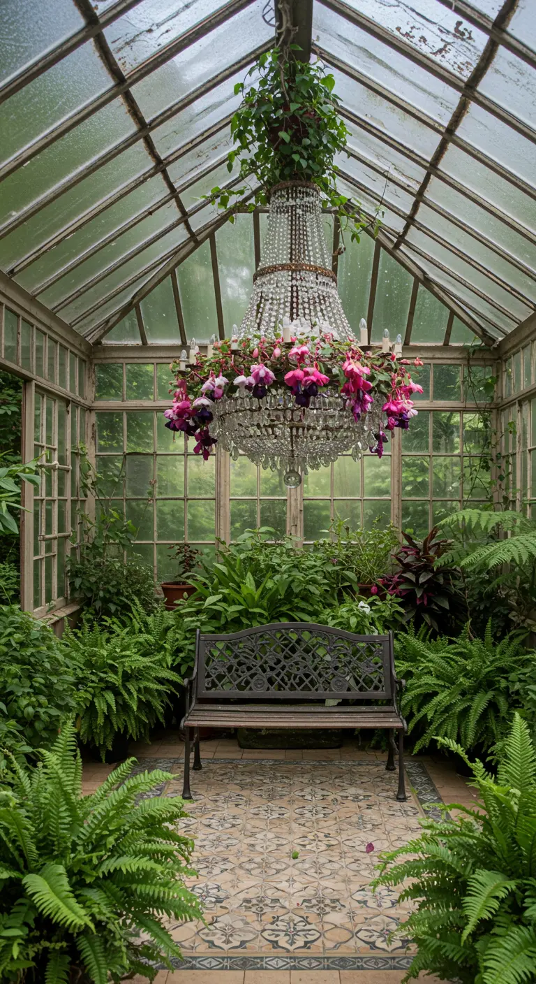An ornate crystal chandelier with dripping pink fuchsia flowers in a lush greenhouse.