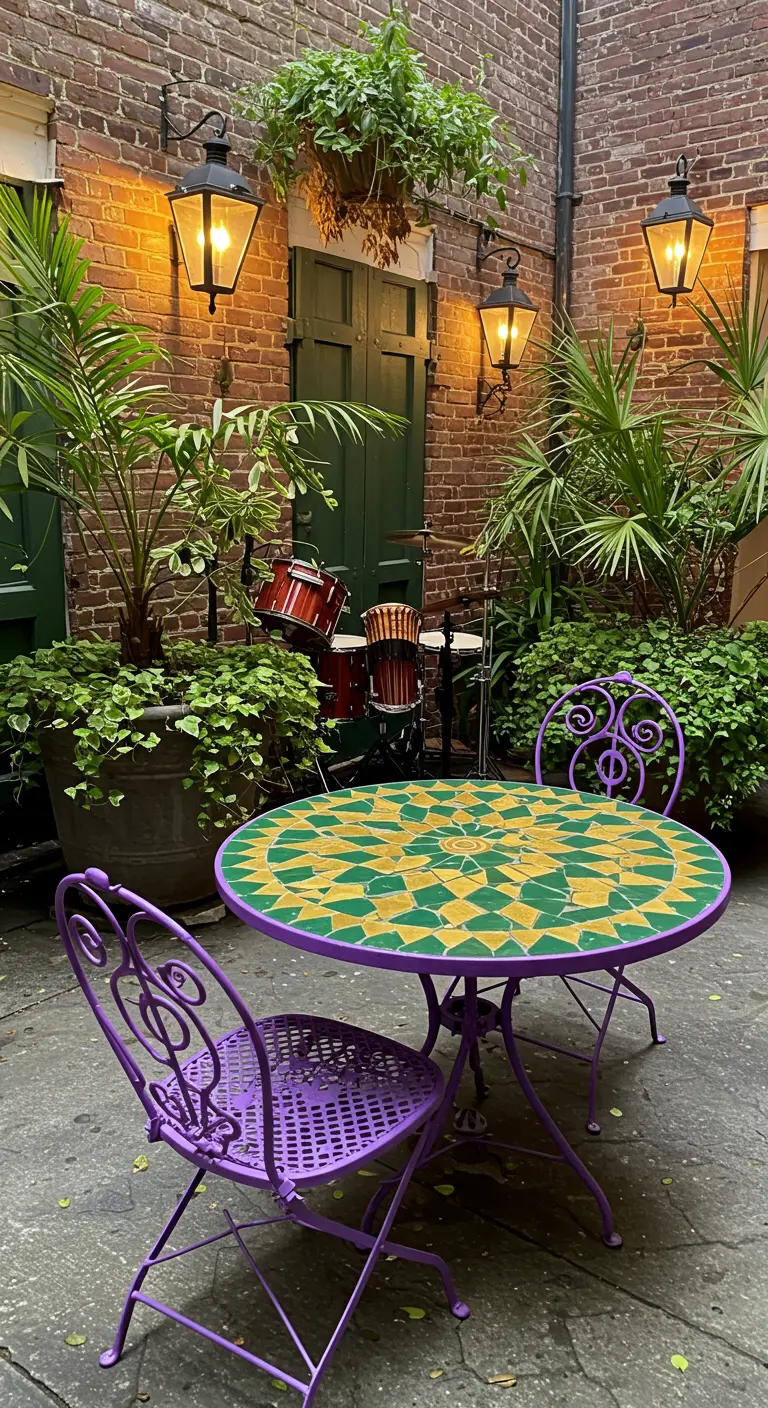 A purple bistro set with a green and yellow mosaic table in a brick courtyard.