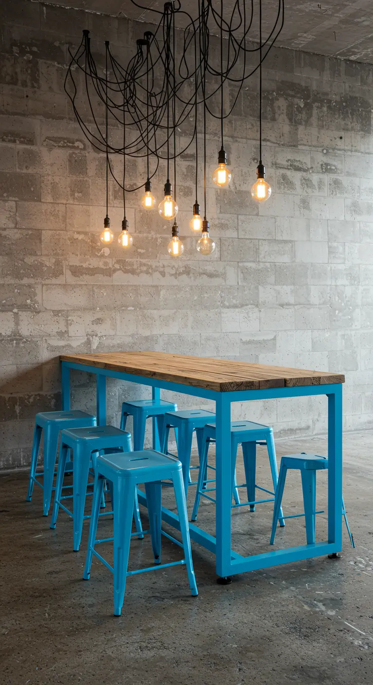 High wood-top table with bright blue metal stools against a concrete block wall.