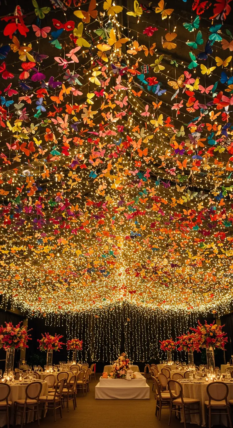 A ceiling densely covered with thousands of colorful butterflies and fairy lights.