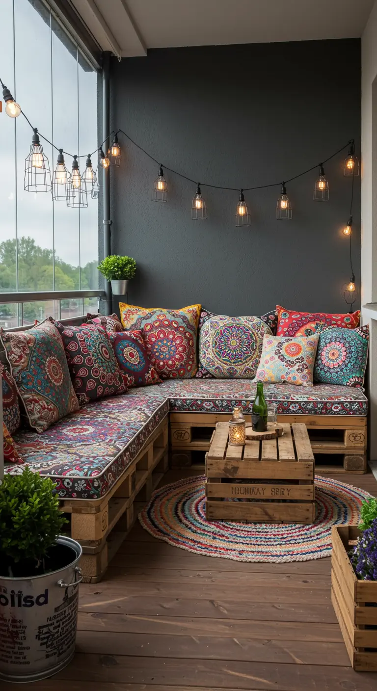 A colorful balcony with a pallet sofa covered in patterned cushions and a round braided rug.