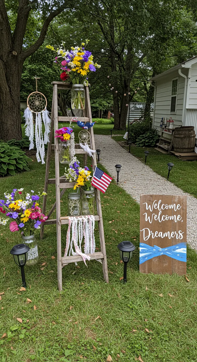 A vintage wooden ladder decorated with flowers in mason jars, dreamcatchers, and a welcome sign.