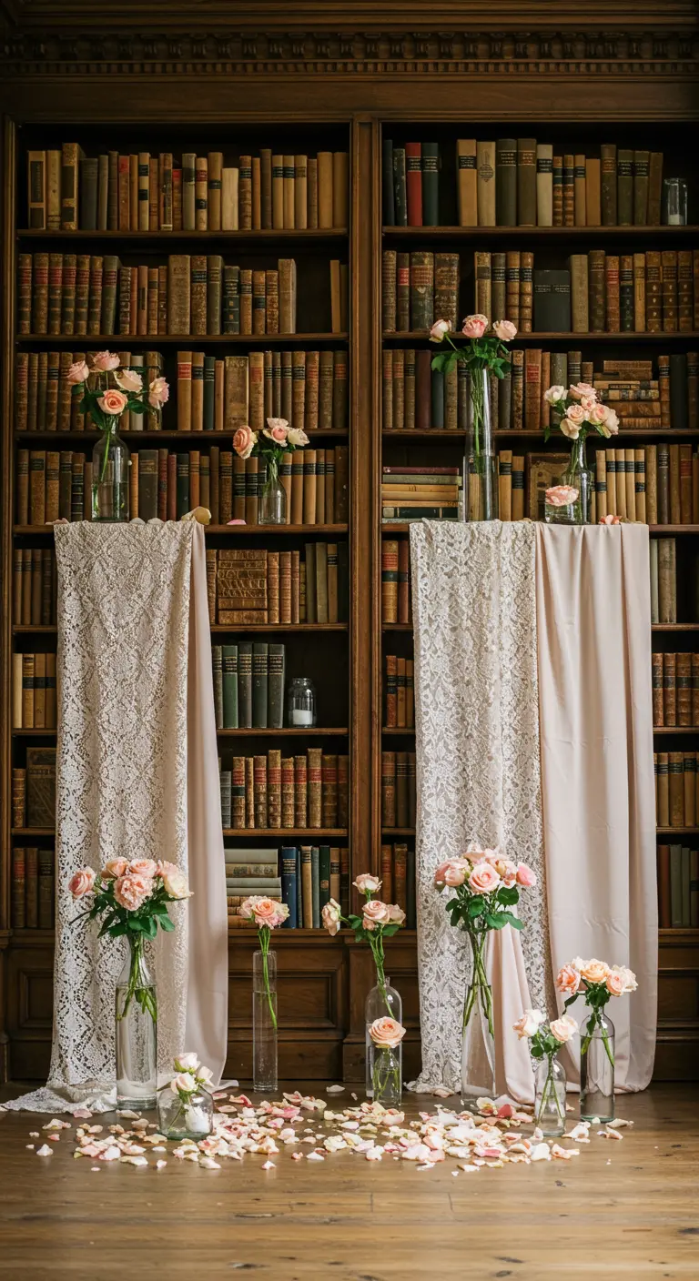 Romantic wedding decor in a library with lace draping and blush roses in front of bookshelves.