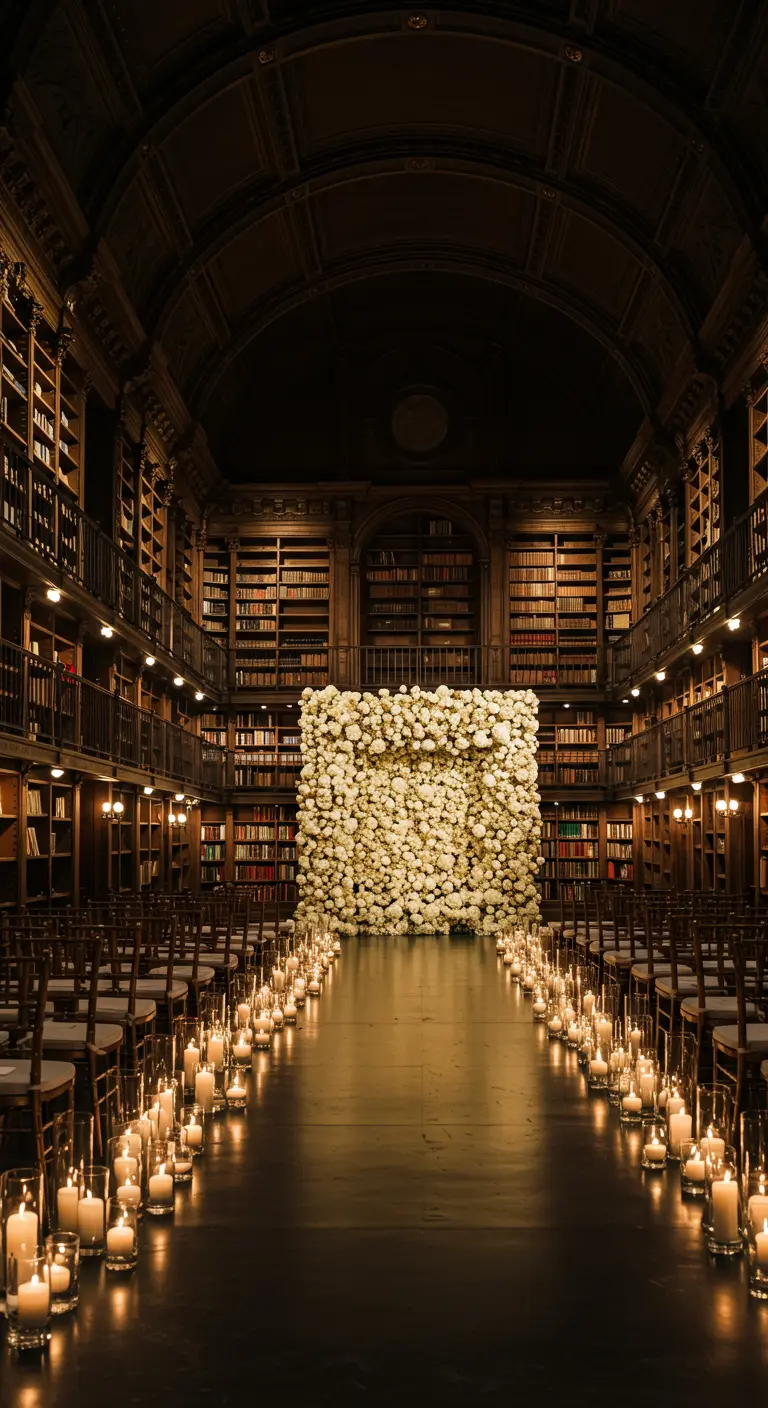 An aisle in a grand library lined with candles, leading to a square wall of white roses.