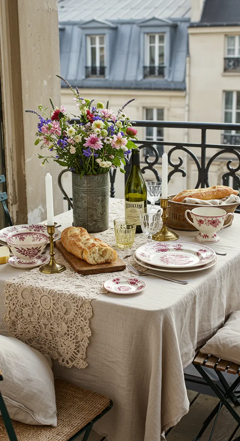 Brunch setting on a Parisian balcony with fresh bread and wildflowers.