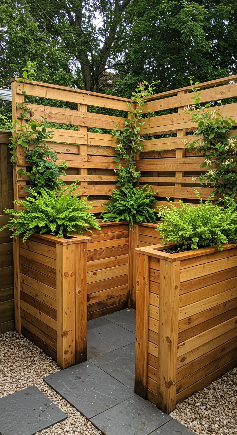 An entryway made of two pallet screens and planters filled with ferns, creating a secluded nook.