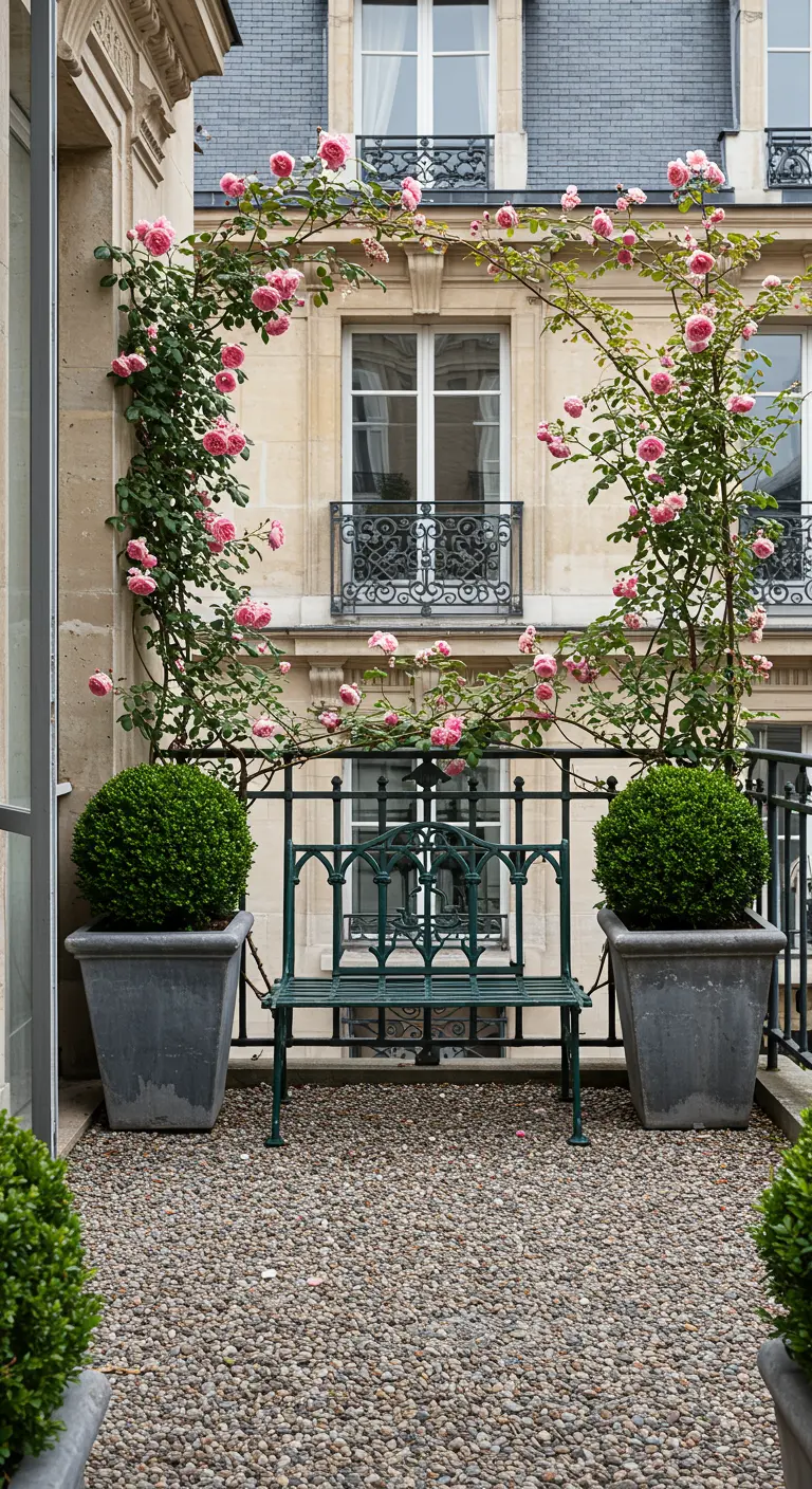 Green iron bench framed by climbing pink roses and two large boxwood planters.