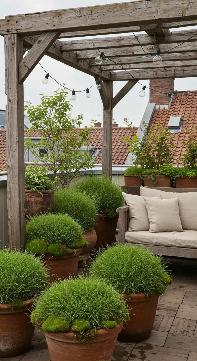 A rustic rooftop garden with numerous terracotta pots filled with mossy green plants and a small tree.