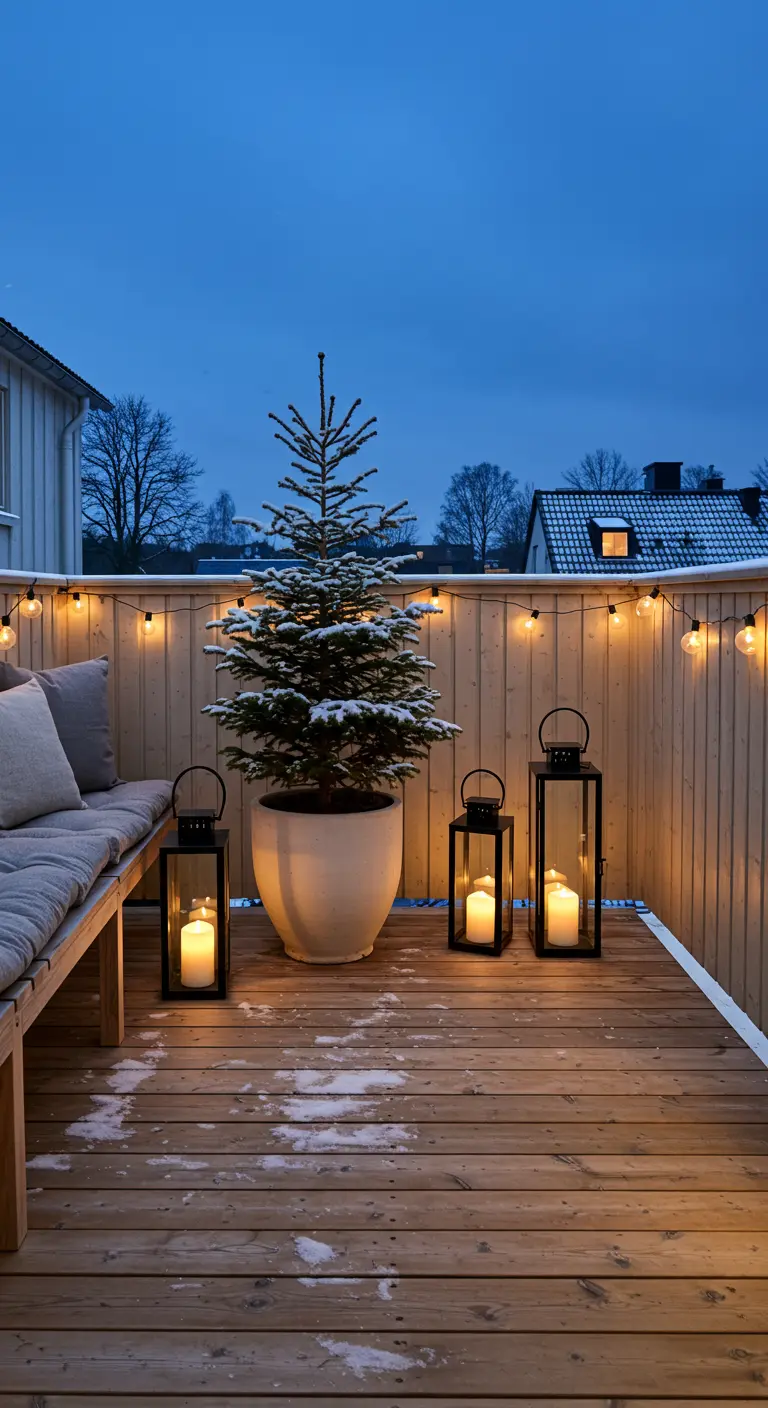 Small potted Christmas tree on a snowy wooden balcony surrounded by black lanterns.