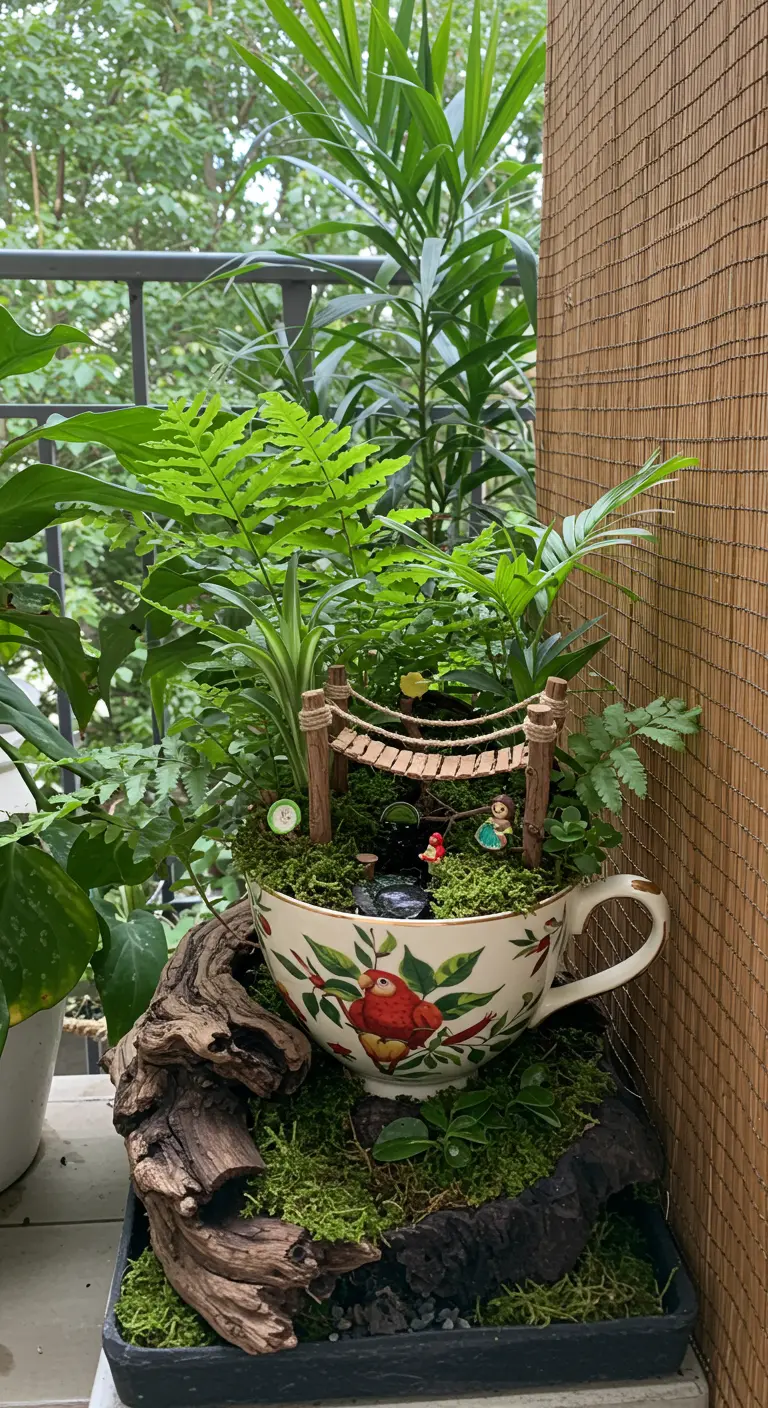 A teacup filled with lush ferns and moss, with a miniature rope bridge crossing a tiny pond.