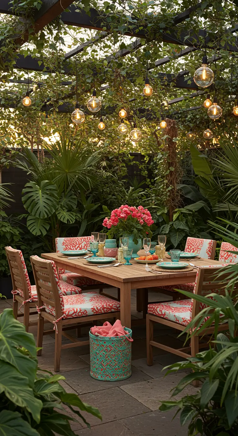 A lush patio dining area under a pergola covered in vines and hanging globe lights.