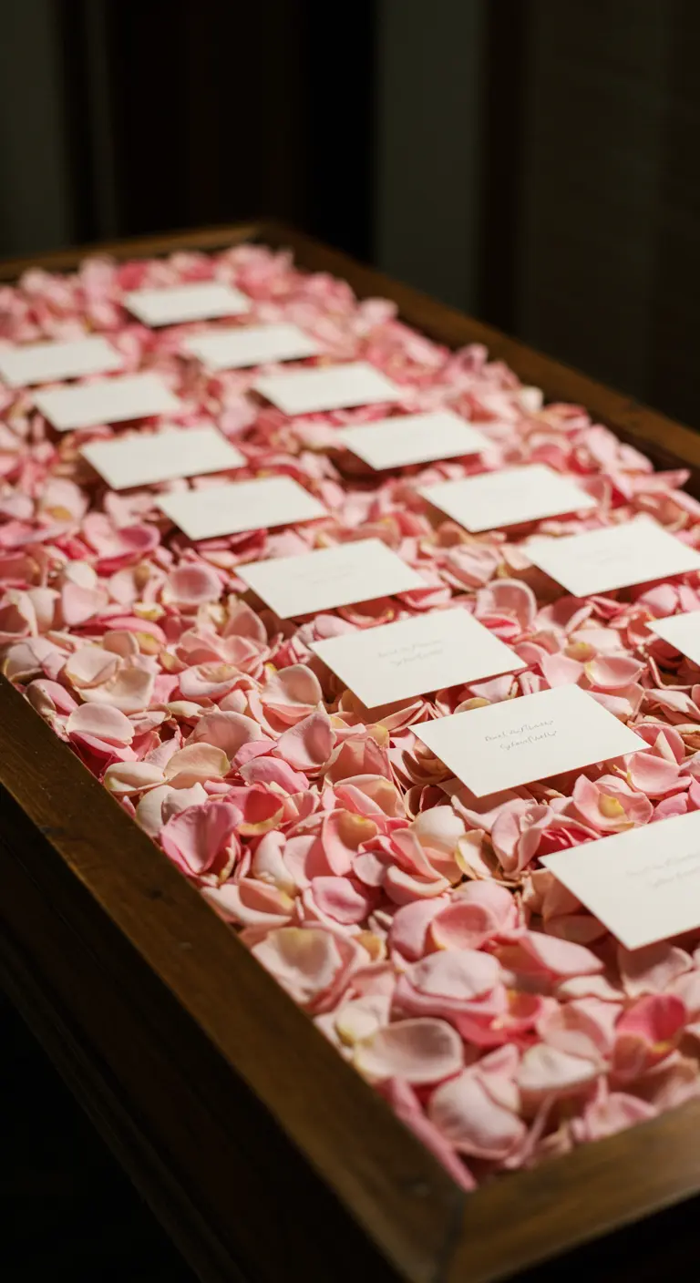 A wooden tray filled with a deep bed of pink rose petals holding escort cards.