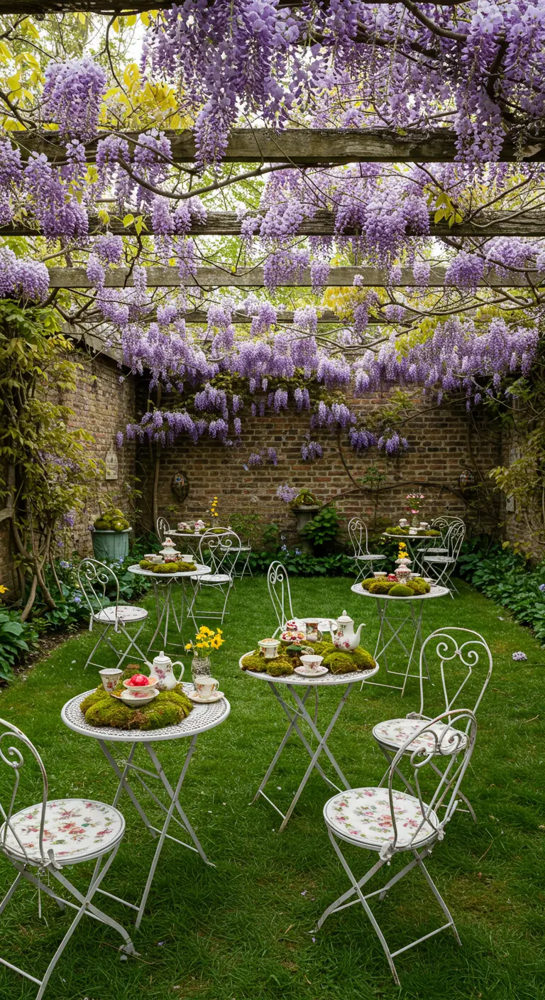 Garden tea party with white bistro tables, moss placemats, and hanging wisteria.