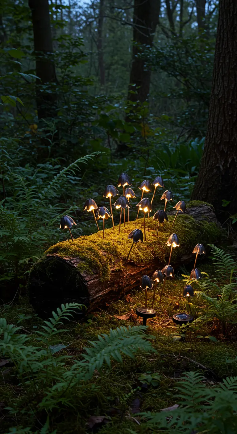 Small solar-powered mushroom lights glowing on a moss-covered log in a forest.