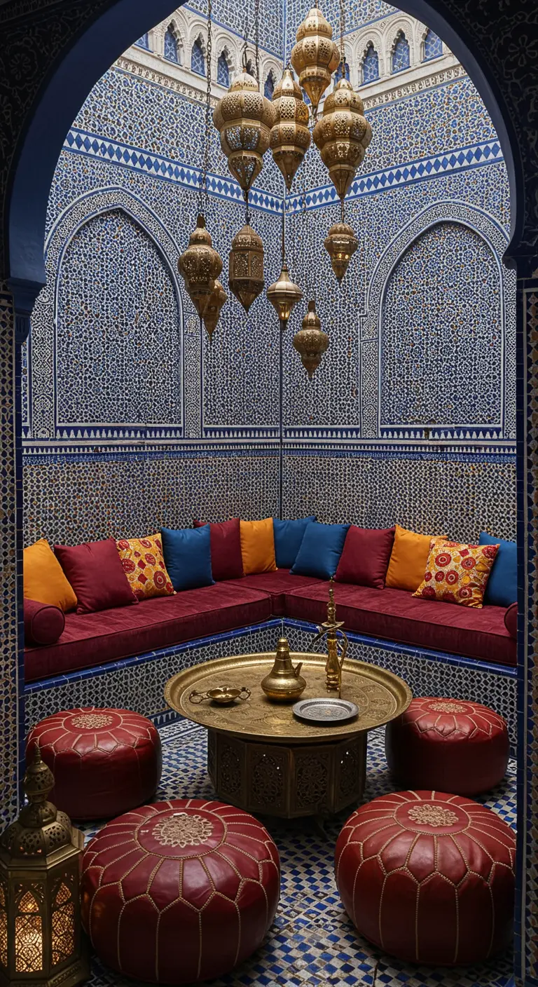 A Moroccan-inspired patio with blue tiled walls, a ruby red sectional sofa, and brass lanterns.