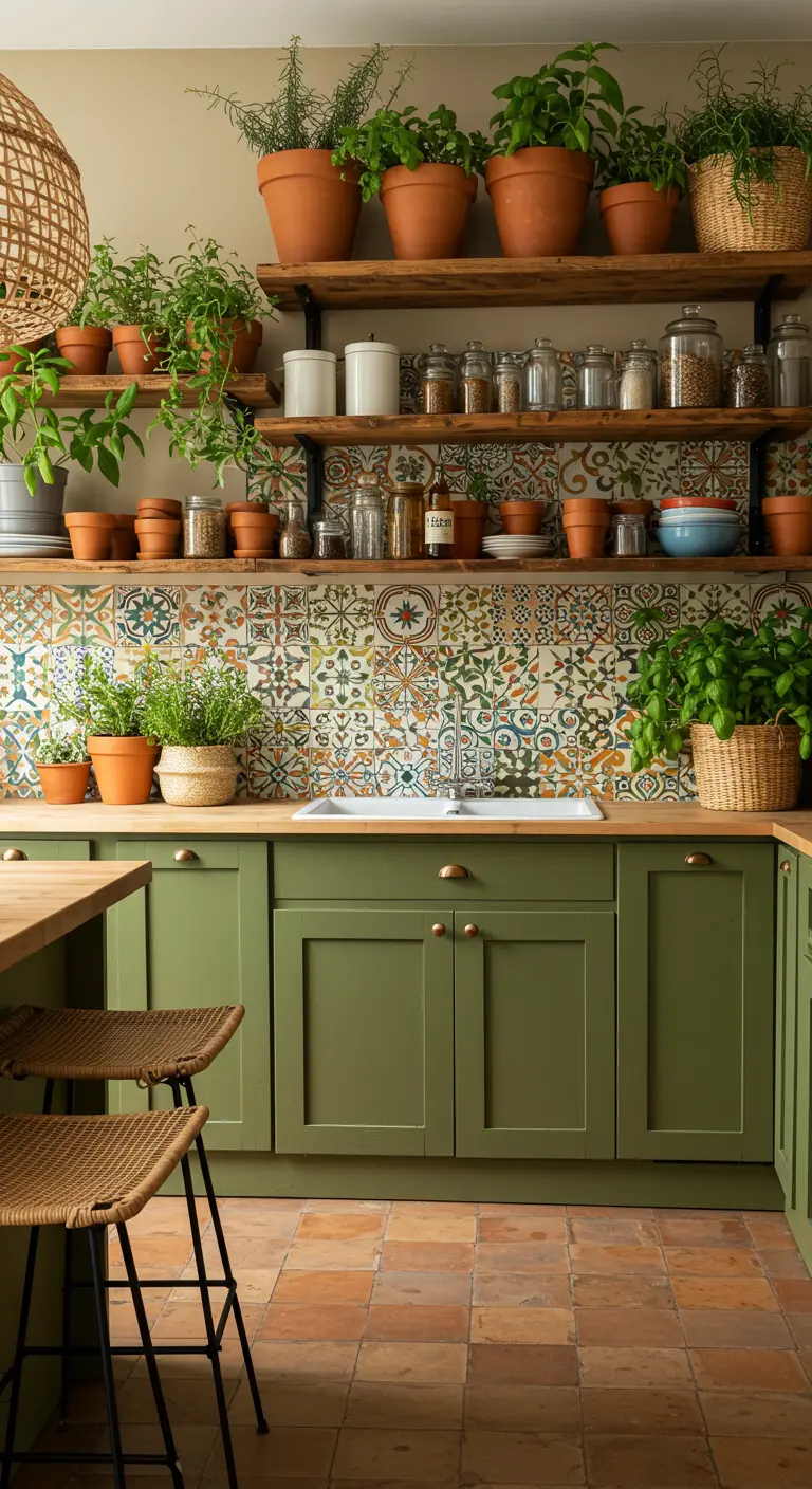 Olive green kitchen with colorful mediterranean tile, open shelves, and terracotta pots.