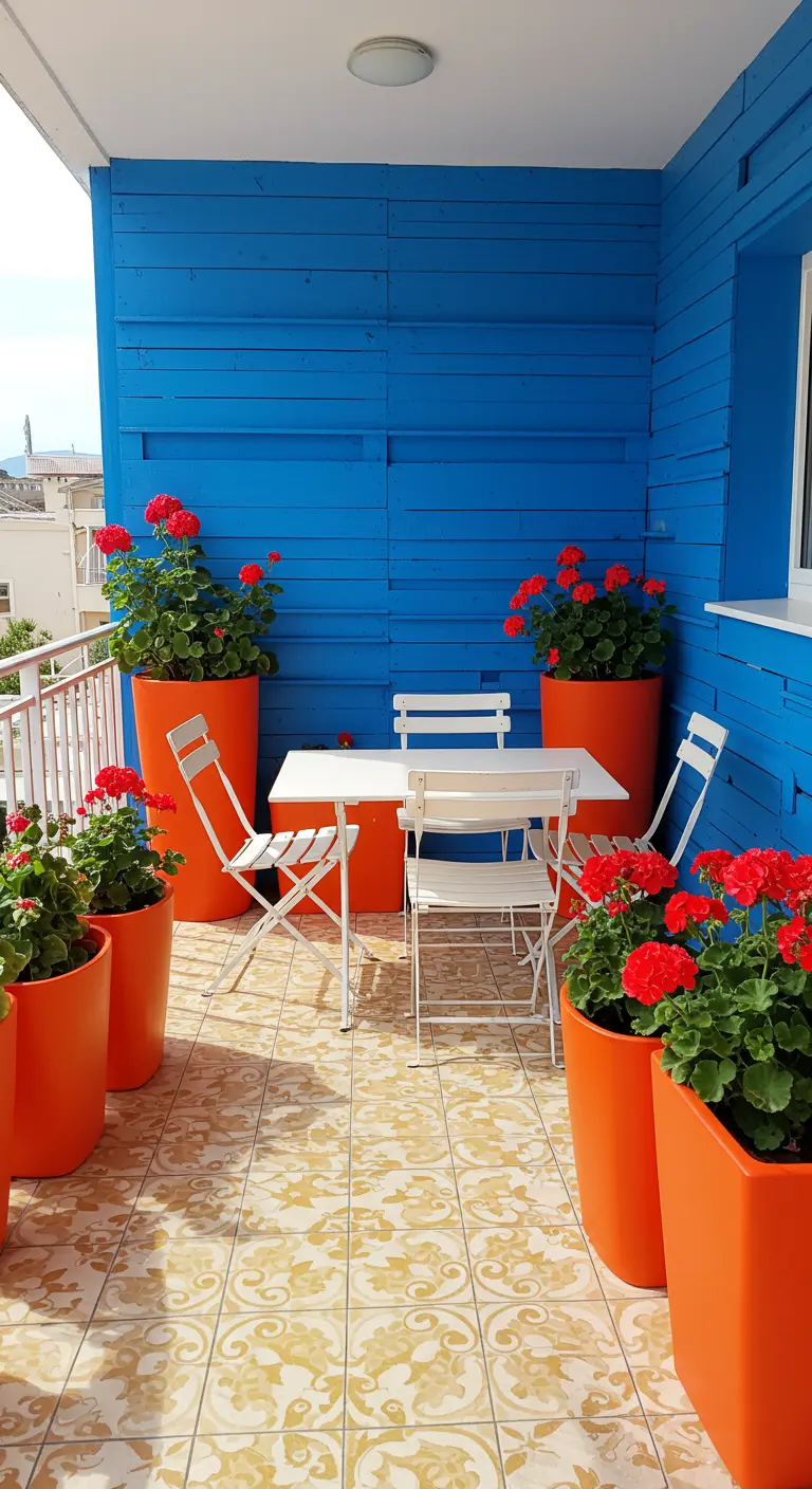 Balcony with bright blue walls, orange planters holding red geraniums, and patterned floor tiles.