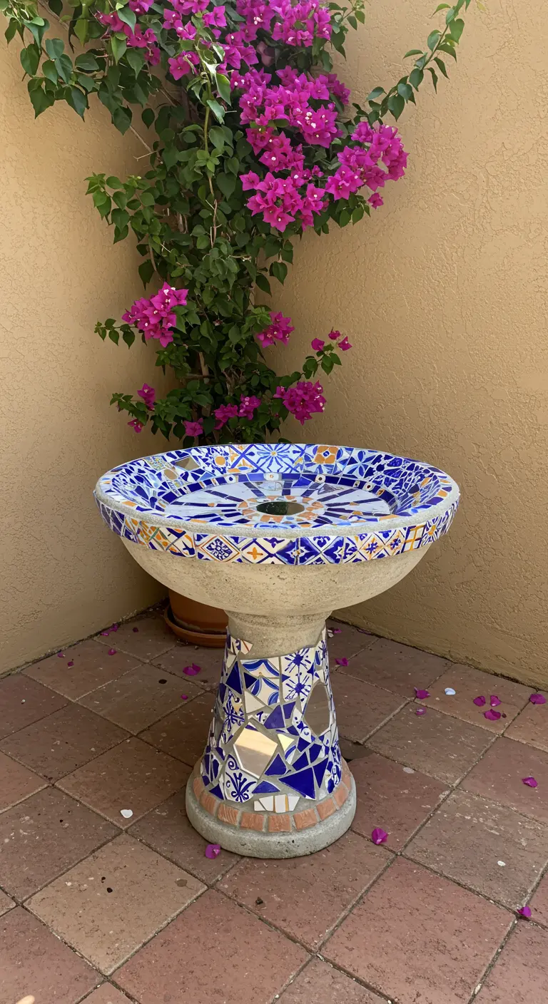Mosaic birdbath with blue and white tiles, with a pink bougainvillea in the background.
