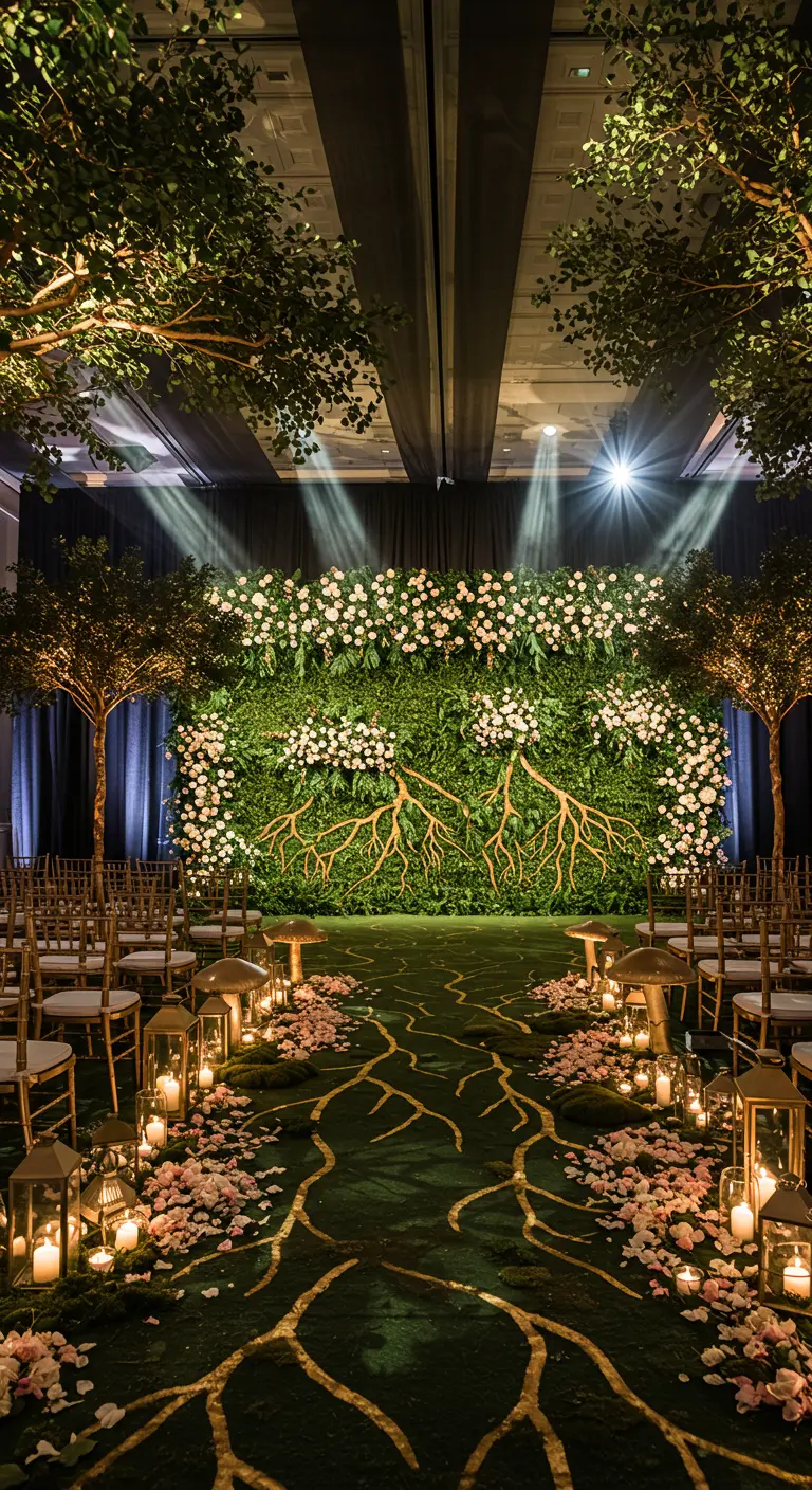 An enchanted forest wedding ceremony with a greenery wall, faux trees, and a candlelit mossy aisle.