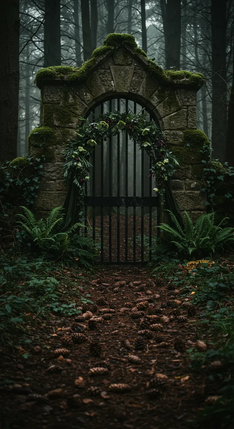 A mossy stone arch in a foggy forest, draped with a dark, romantic floral and ivy garland.