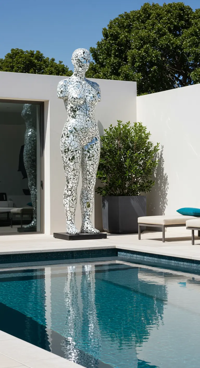 Life-sized human sculpture covered in broken mirror tiles next to a swimming pool.