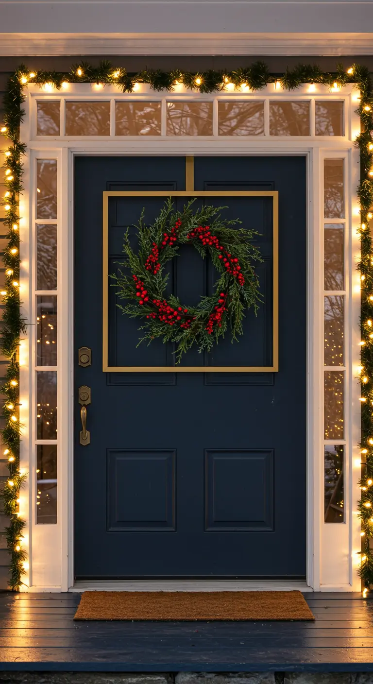A modern take on a wreath, with a round evergreen wreath inside a gold square frame on a navy door.