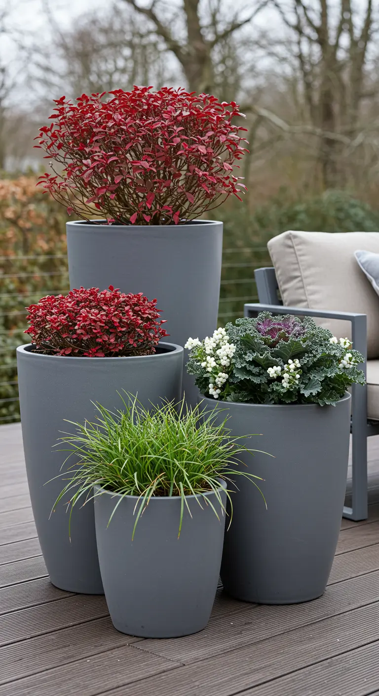 A group of four modern grey planters with different winter plants on a deck.